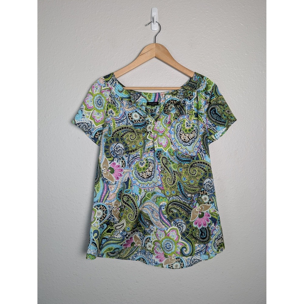Talbots Blouse Womens 10 Green Paisley Tunic Keyhole Neck Pleated Polyester